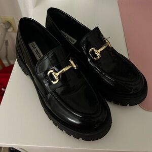 Steve Madden Glossy Black Loafers with Gold Detail
